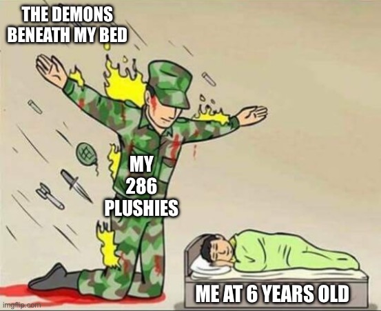 Soldier protecting sleeping child | THE DEMONS BENEATH MY BED; MY 286 PLUSHIES; ME AT 6 YEARS OLD | image tagged in soldier protecting sleeping child | made w/ Imgflip meme maker