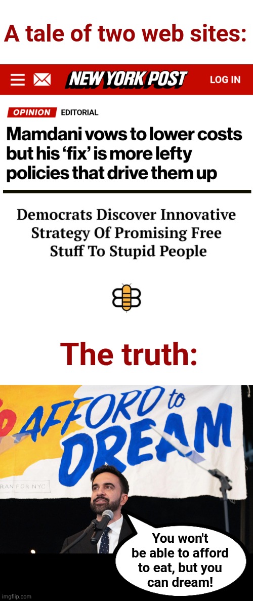 Zohran Mamdani: the best thing to happen for Republicans in YEARS! | A tale of two web sites:; The truth:; You won't
be able to afford
to eat, but you
can dream! | image tagged in memes,zohran mamdani,socialist,free stuff,idiots,democrats | made w/ Imgflip meme maker