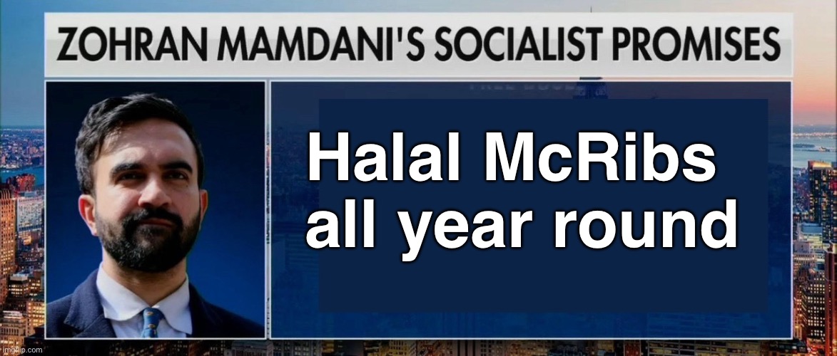 Can he actually do this? | Halal McRibs all year round | image tagged in zohran mamdani s socialist promises | made w/ Imgflip meme maker