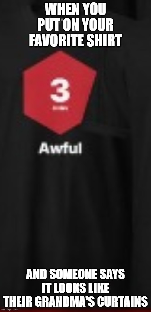 "Awful" shirt | WHEN YOU PUT ON YOUR FAVORITE SHIRT; AND SOMEONE SAYS IT LOOKS LIKE THEIR GRANDMA'S CURTAINS | image tagged in awful shirt | made w/ Imgflip meme maker