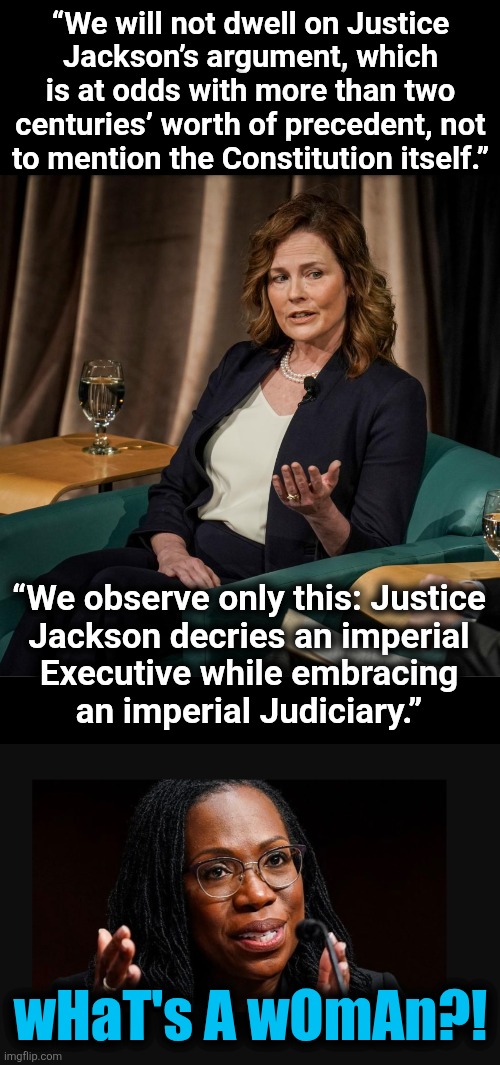 Amy Coney Barrett torches the idiot Ketanji Brown Jackson | “We will not dwell on Justice
Jackson’s argument, which
is at odds with more than two
centuries’ worth of precedent, not
to mention the Constitution itself.”; “We observe only this: Justice
Jackson decries an imperial
Executive while embracing
an imperial Judiciary.”; wHaT's A wOmAn?! | image tagged in judge jackson,amy coney barrett,memes,supreme court,birthright citizenship,democrats | made w/ Imgflip meme maker