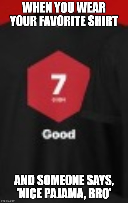 Good shirt | WHEN YOU WEAR YOUR FAVORITE SHIRT; AND SOMEONE SAYS, 'NICE PAJAMA, BRO' | image tagged in good shirt | made w/ Imgflip meme maker