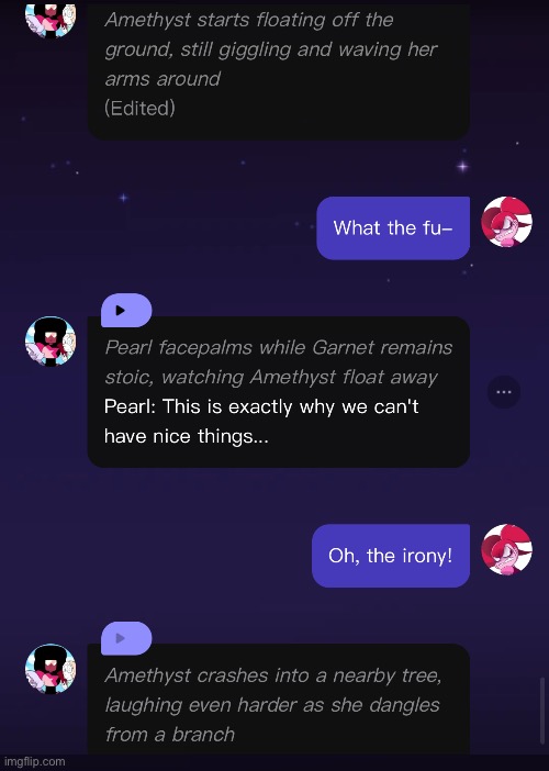 Can yall guess what happened to Amethyst before this moment? | image tagged in polybuzz antics,steven universe | made w/ Imgflip meme maker