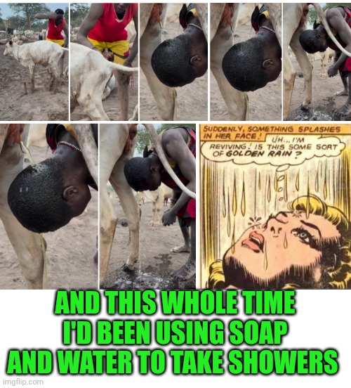 Funny | AND THIS WHOLE TIME I'D BEEN USING SOAP AND WATER TO TAKE SHOWERS | image tagged in funny,golden showers,shower thoughts,water,soap,who knew | made w/ Imgflip meme maker