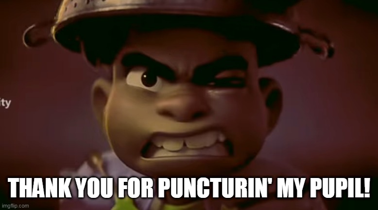 Thank You For Puncturin' My Pupil! | THANK YOU FOR PUNCTURIN' MY PUPIL! | image tagged in angry one-eye,elio,drake and josh,eye injury,eye,injury | made w/ Imgflip meme maker