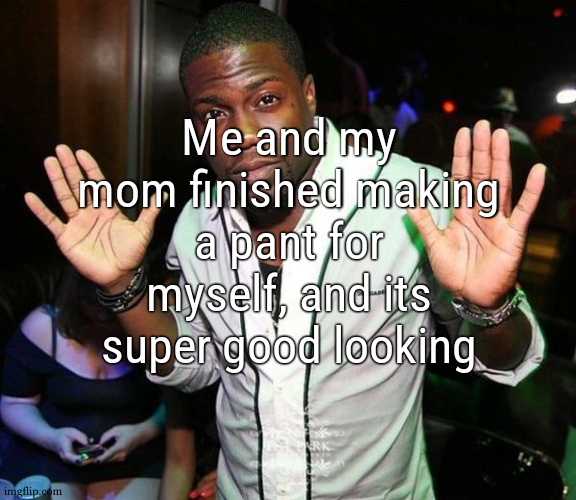 ill post pic whever i can ig | Me and my mom finished making a pant for myself, and its super good looking | image tagged in kevin hart hands up | made w/ Imgflip meme maker