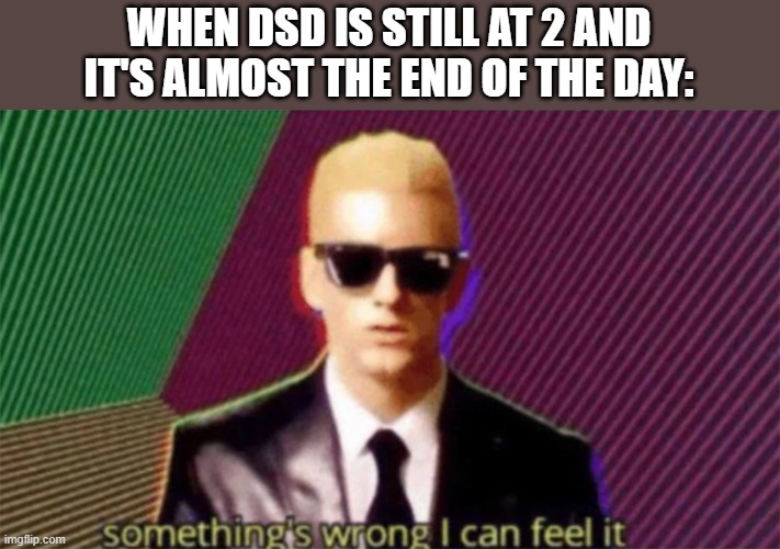what | WHEN DSD IS STILL AT 2 AND IT'S ALMOST THE END OF THE DAY: | image tagged in something's wrong i can feel it | made w/ Imgflip meme maker