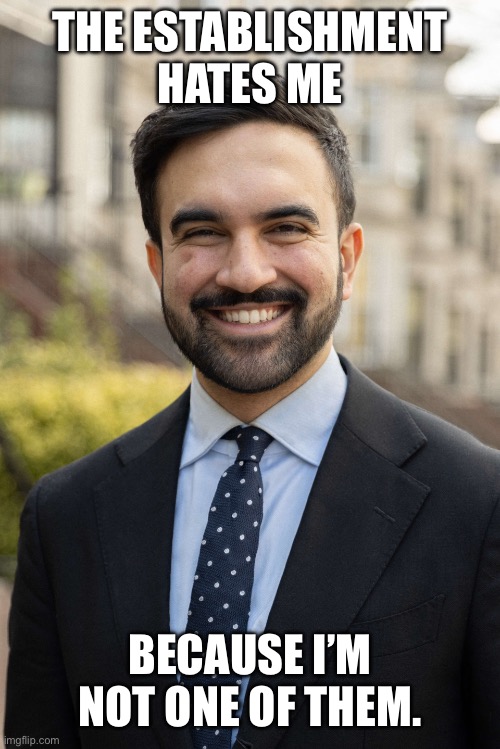 Not bought or paid for by anyone, and the establishment fears him. | THE ESTABLISHMENT HATES ME BECAUSE I’M NOT ONE OF THEM. | image tagged in democrats,zorhan mamdani,nyc | made w/ Imgflip meme maker