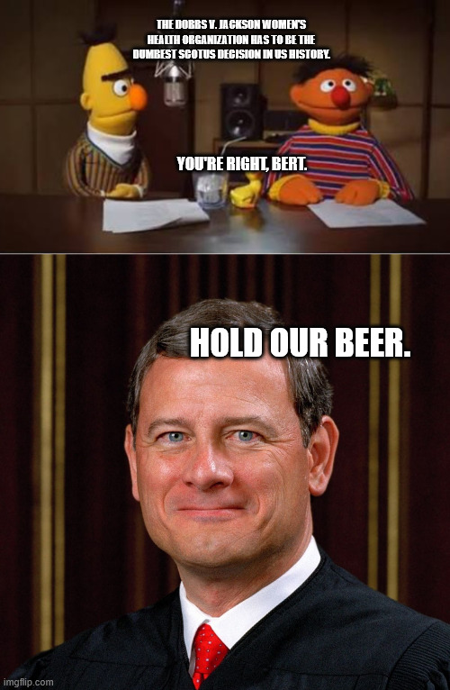 THE DOBBS V. JACKSON WOMEN'S HEALTH ORGANIZATION HAS TO BE THE DUMBEST SCOTUS DECISION IN US HISTORY. YOU'RE RIGHT, BERT. HOLD OUR BEER. | image tagged in bert and ernie podcast,justice john roberts | made w/ Imgflip meme maker