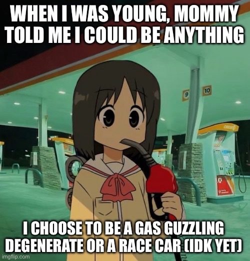 Gas guzzler | WHEN I WAS YOUNG, MOMMY TOLD ME I COULD BE ANYTHING; I CHOOSE TO BE A GAS GUZZLING DEGENERATE OR A RACE CAR (IDK YET) | image tagged in funny anime,relatable | made w/ Imgflip meme maker