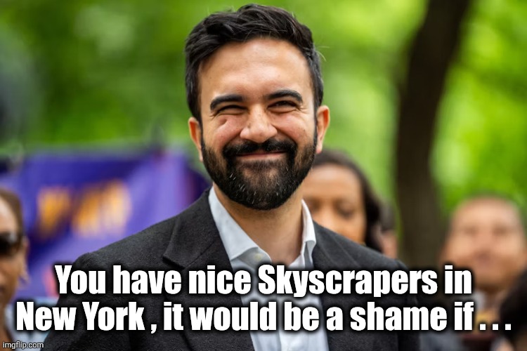 Zohran Mamdani grinning | You have nice Skyscrapers in New York , it would be a shame if . . . | image tagged in zohran mamdani grinning | made w/ Imgflip meme maker