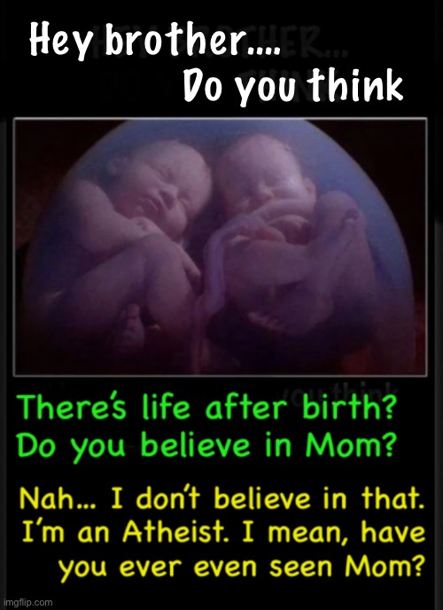 Does Mom exist? | Hey brother….            
             Do you think | image tagged in memes,its a metaphor for god,to show u how ridiculous it is to not believe,proof is all around you,humble yourself | made w/ Imgflip meme maker