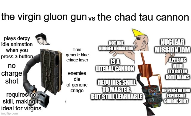 The virgin gluon gun vs the Chad tau cannon | the virgin gluon gun; the chad tau cannon; vs; plays derpy idle animation when you press a button; NUCLEAR MISSION JAM; NOT ONE BUGGED ANIMATION; fires generic blue cringe laser; IS A LITERAL CANNON; APPEARS WITH ITS OST IN BOTH GAMES; no charge shot; enemies die of generic cringe; REQUIRES SKILL TO MASTER, BUT STILL LEARNABLE; OP PENETRATING EXPLOSIVE CHARGE SHOT; requires no skill, making it ideal for virgins | image tagged in virgin vs chad | made w/ Imgflip meme maker