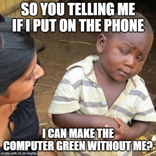 I made my computer green without me | SO YOU TELLING ME IF I PUT ON THE PHONE; I CAN MAKE THE COMPUTER GREEN WITHOUT ME? | image tagged in memes,third world skeptical kid,funny | made w/ Imgflip meme maker