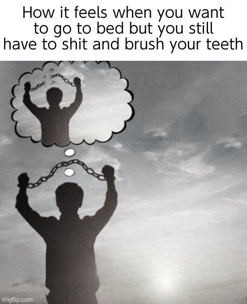 つ | How it feels when you want to go to bed but you still have to shit and brush your teeth | image tagged in bro thinks he's free | made w/ Imgflip meme maker