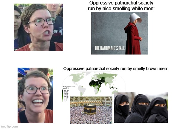 Literally the only difference | Oppressive patriarchal society run by nice-smelling white men:; Oppressive patriarchal society run by smelly brown men: | image tagged in memes,feminist,islam,patriarchy,feminism,hypocrisy | made w/ Imgflip meme maker
