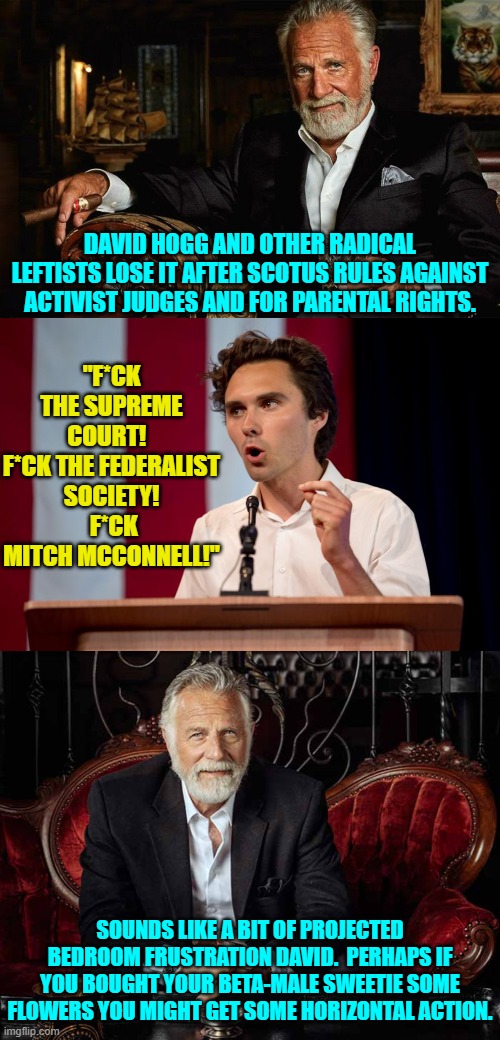 There's never any grantee, but sometimes it works for straight males and their lady. | "F*CK THE SUPREME COURT!  
F*CK THE FEDERALIST SOCIETY!  F*CK MITCH MCCONNELL!"; DAVID HOGG AND OTHER RADICAL LEFTISTS LOSE IT AFTER SCOTUS RULES AGAINST ACTIVIST JUDGES AND FOR PARENTAL RIGHTS. SOUNDS LIKE A BIT OF PROJECTED BEDROOM FRUSTRATION DAVID.  PERHAPS IF YOU BOUGHT YOUR BETA-MALE SWEETIE SOME FLOWERS YOU MIGHT GET SOME HORIZONTAL ACTION. | image tagged in yep | made w/ Imgflip meme maker