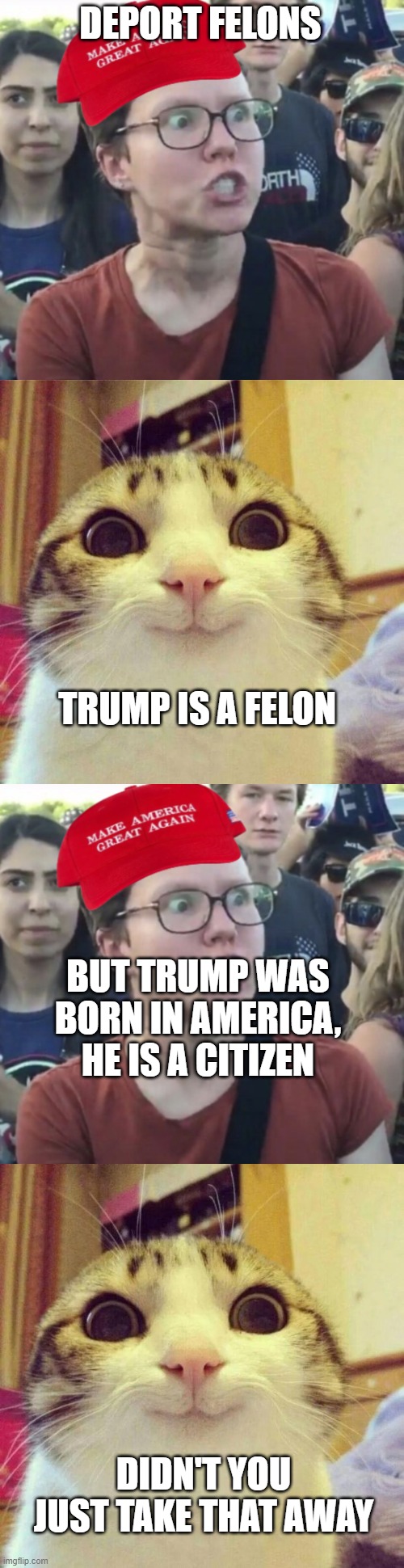 No title, just stupid Maga | DEPORT FELONS; TRUMP IS A FELON; BUT TRUMP WAS BORN IN AMERICA, HE IS A CITIZEN; DIDN'T YOU JUST TAKE THAT AWAY | image tagged in maga loser,memes,smiling cat | made w/ Imgflip meme maker