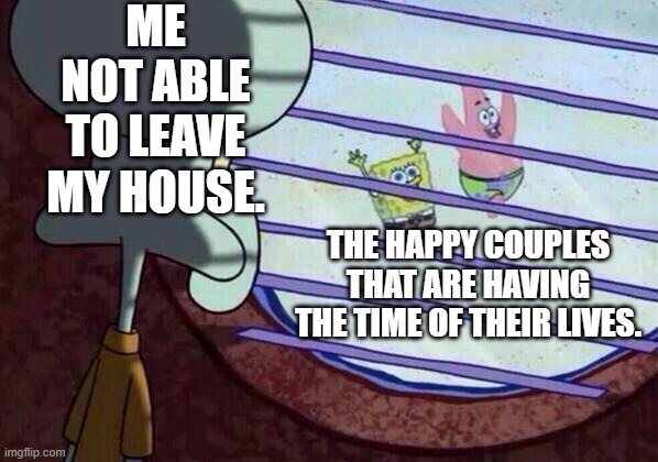 Its not fair. | ME NOT ABLE TO LEAVE MY HOUSE. THE HAPPY COUPLES THAT ARE HAVING THE TIME OF THEIR LIVES. | image tagged in squidward window,love,lonely | made w/ Imgflip meme maker
