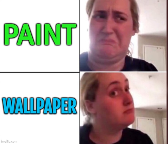 Wallpaper vs. Paint | PAINT; WALLPAPER | image tagged in kombucha girl,paint,painting,wallpapers,decorating,living the dream | made w/ Imgflip meme maker