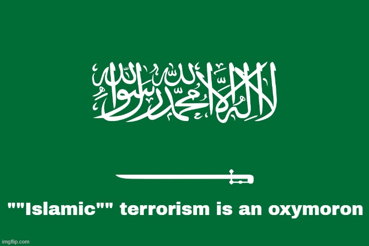 saudi arabia flag but it is facts (if you think all muslims are terrorists just remember islamic terrorism is an oxymoron) | ""Islamic"" terrorism is an oxymoron | image tagged in saudi arabia | made w/ Imgflip meme maker