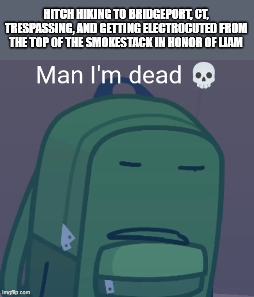 guh | HITCH HIKING TO BRIDGEPORT, CT, TRESPASSING, AND GETTING ELECTROCUTED FROM THE TOP OF THE SMOKESTACK IN HONOR OF LIAM | image tagged in man i'm dead liam hfjone | made w/ Imgflip meme maker