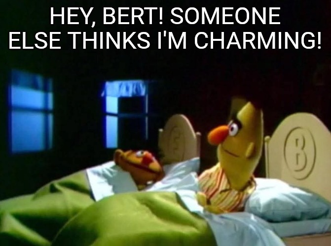 Burt and ernie talking in bed | HEY, BERT! SOMEONE ELSE THINKS I'M CHARMING! | image tagged in burt and ernie talking in bed | made w/ Imgflip meme maker