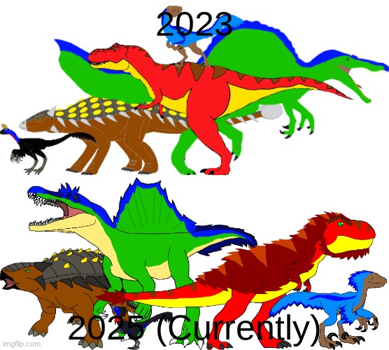 Evolution Tyrex and the Gang.mp3 | image tagged in tyrex,spinax,velocity,tank,ovi,isla phanero | made w/ Imgflip meme maker