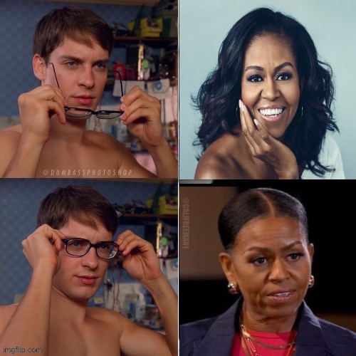 What is happening to “Big Mike?” | @CALJFREEMAN1 | image tagged in michelle obama,barack obama,spiderman glasses,maga,michelle obama blank sheet,democrats | made w/ Imgflip meme maker