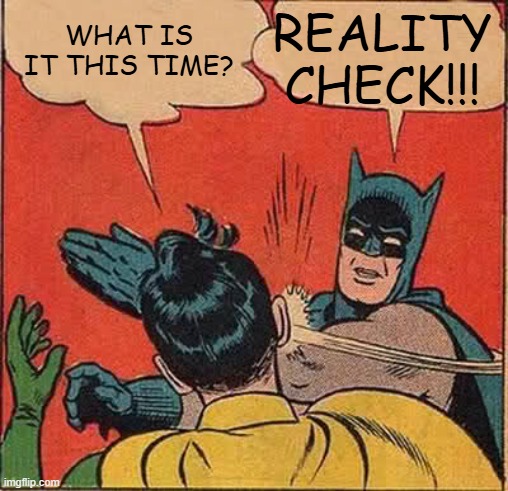Batman Slapping Robin | WHAT IS IT THIS TIME? REALITY CHECK!!! | image tagged in memes,batman slapping robin,reality check | made w/ Imgflip meme maker