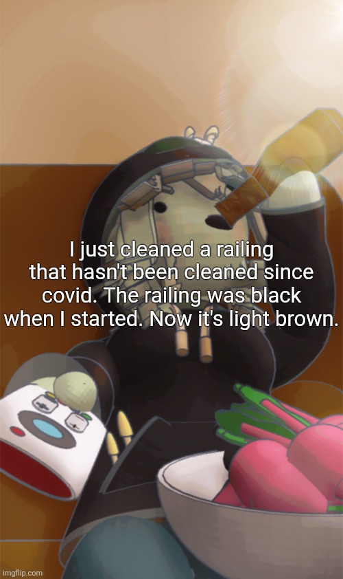 I thought I took the finish off but it was dirt | I just cleaned a railing that hasn't been cleaned since covid. The railing was black when I started. Now it's light brown. | image tagged in mora | made w/ Imgflip meme maker