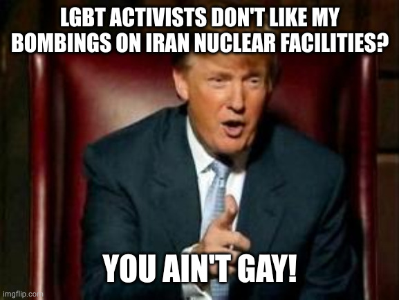Donald Trump | LGBT ACTIVISTS DON'T LIKE MY BOMBINGS ON IRAN NUCLEAR FACILITIES? YOU AIN'T GAY! | image tagged in donald trump | made w/ Imgflip meme maker