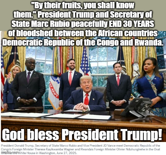 Peace in Africa | "By their fruits, you shall know them." President Trump and Secretary of State Marc Rubio peacefully END 30 YEARS of bloodshed between the African countries Democratic Republic of the Congo and Rwanda. God bless President Trump! | image tagged in president trump | made w/ Imgflip meme maker