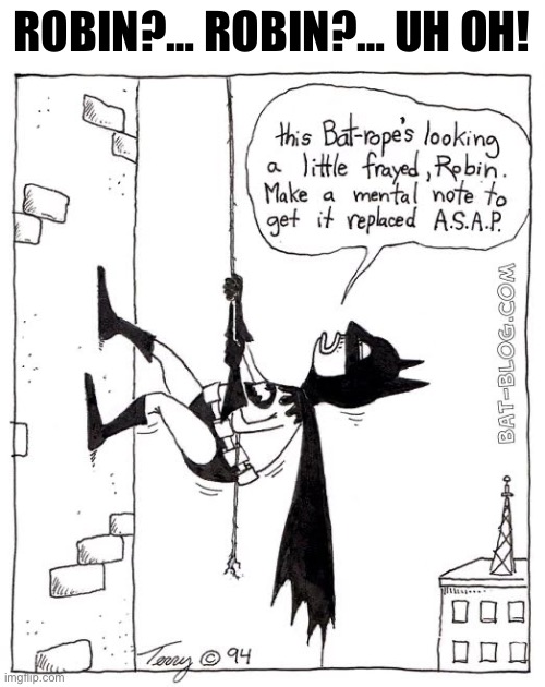 It looks like he’s gonna need a new Robin… | ROBIN?… ROBIN?… UH OH! | image tagged in batman,comics/cartoons,climbing wall,the rope snapped | made w/ Imgflip meme maker