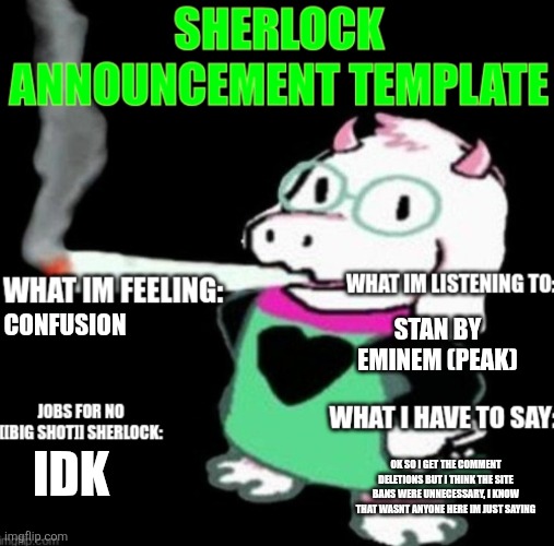 Fudjfjfkkdkewjhwhwhdhfhfhfhrv why, not to mention the original comment is still there | STAN BY EMINEM (PEAK); CONFUSION; IDK; OK SO I GET THE COMMENT DELETIONS BUT I THINK THE SITE BANS WERE UNNECESSARY, I KNOW THAT WASNT ANYONE HERE IM JUST SAYING | image tagged in sherlock announcement | made w/ Imgflip meme maker