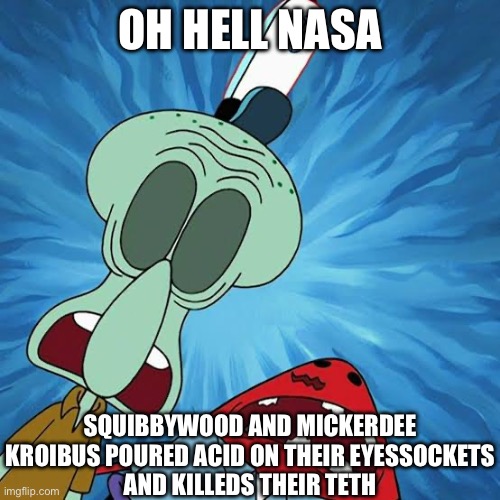 Oh hell naw spunch bop meme 2 | OH HELL NASA; SQUIBBYWOOD AND MICKERDEE KROIBUS POURED ACID ON THEIR EYESSOCKETS
AND KILLEDS THEIR TETH | image tagged in spunch bop,sequel,meme | made w/ Imgflip meme maker