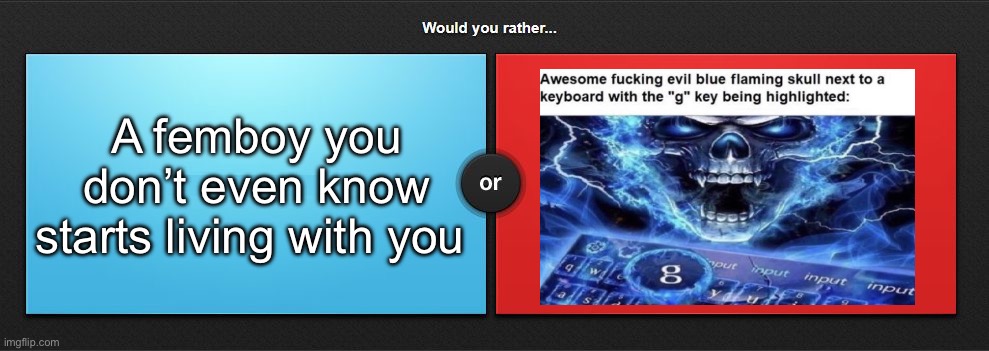 The bait for one user is obvious | A femboy you don’t even know starts living with you | image tagged in would you rather,msmg | made w/ Imgflip meme maker
