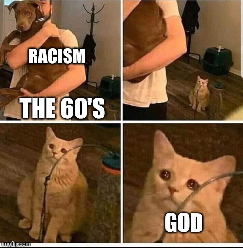 How the 60's were | RACISM; THE 60'S; GOD | image tagged in jealous cat | made w/ Imgflip meme maker