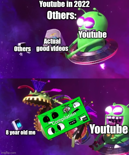 Green screen faces slop *those were viral in 2020-2022 | Youtube in 2022; Others:; Youtube; Actual good videos; Others; Youtube; 8 year old me | image tagged in nebulax trick mothership's core with fake flowers | made w/ Imgflip meme maker