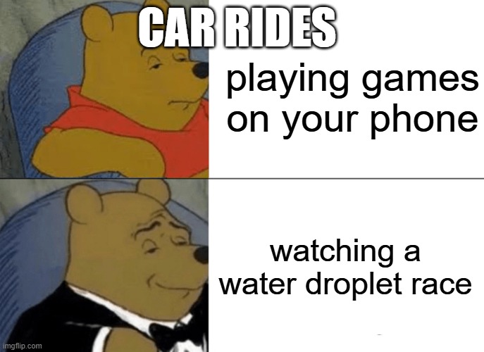 Tuxedo Winnie The Pooh | CAR RIDES; playing games on your phone; watching a water droplet race | image tagged in memes,tuxedo winnie the pooh | made w/ Imgflip meme maker