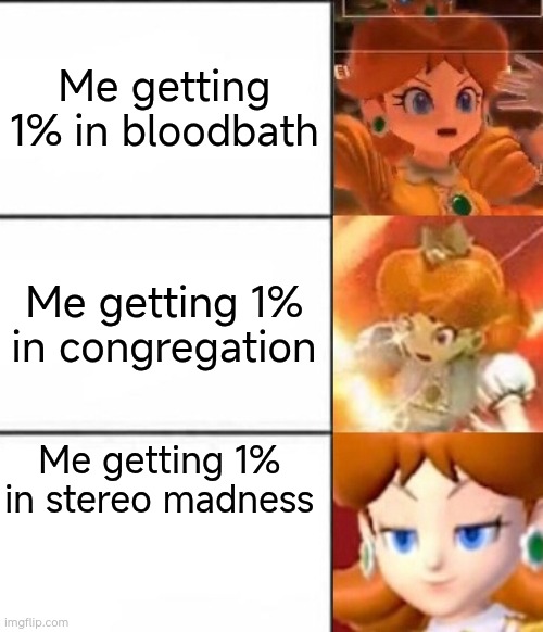 Geometry dash daisy meme | Me getting 1% in bloodbath; Me getting 1% in congregation; Me getting 1% in stereo madness | image tagged in princess daisy reactions,geometry dash | made w/ Imgflip meme maker