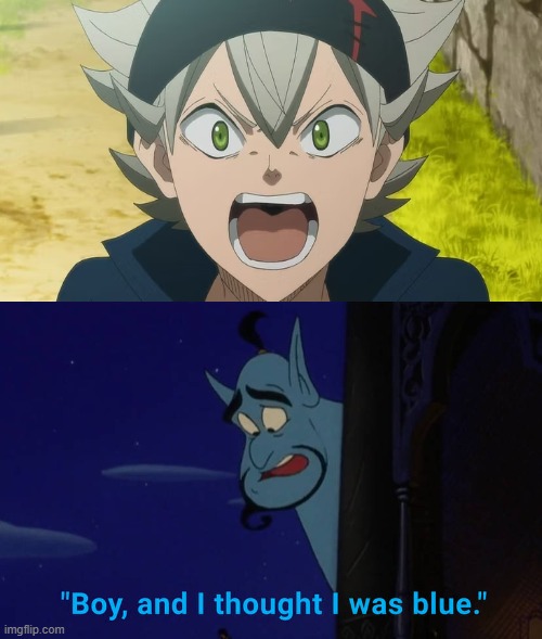 the gene see asta screaming | image tagged in the genie see someone blank,black clover,asta,anime meme,crossover memes,screaming | made w/ Imgflip meme maker