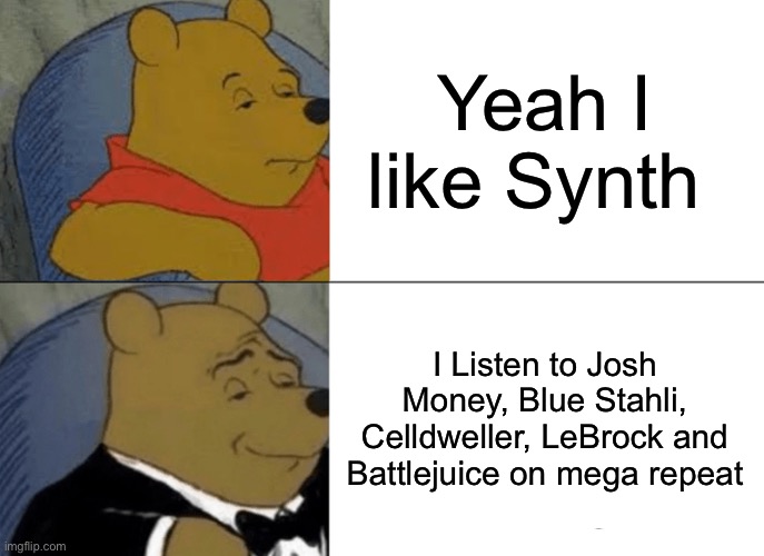 You should do it to. | Yeah I like Synth; I Listen to Josh Money, Blue Stahli, Celldweller, LeBrock and Battlejuice on mega repeat | image tagged in memes,tuxedo winnie the pooh | made w/ Imgflip meme maker