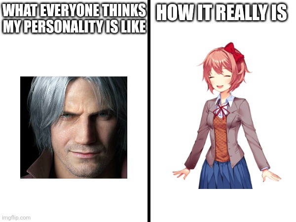 If u understand the suicidal reference | WHAT EVERYONE THINKS MY PERSONALITY IS LIKE; HOW IT REALLY IS | image tagged in square divided in half,memes,dante,devil may cry,doki doki literature club,sayori | made w/ Imgflip meme maker