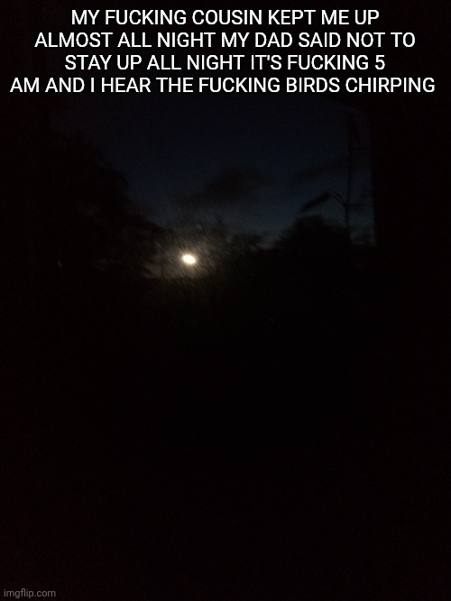 MY FUCKING COUSIN KEPT ME UP ALMOST ALL NIGHT MY DAD SAID NOT TO STAY UP ALL NIGHT IT'S FUCKING 5 AM AND I HEAR THE FUCKING BIRDS CHIRPING | made w/ Imgflip meme maker