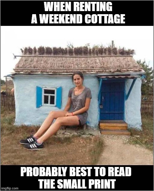 Fancy A Cosy Place By The Sea ? | WHEN RENTING A WEEKEND COTTAGE; PROBABLY BEST TO READ 
THE SMALL PRINT | image tagged in weekend,cosy,cottage | made w/ Imgflip meme maker