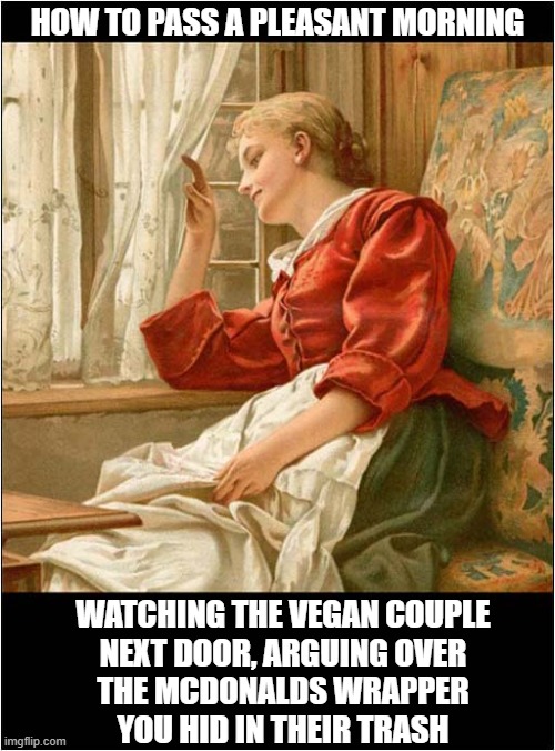 Tormenting Your Vegan Neighbours For Fun ! | HOW TO PASS A PLEASANT MORNING; WATCHING THE VEGAN COUPLE
NEXT DOOR, ARGUING OVER
THE MCDONALDS WRAPPER
YOU HID IN THEIR TRASH | image tagged in tormenting,vegan,neighbours,mcdonalds,dark humour | made w/ Imgflip meme maker
