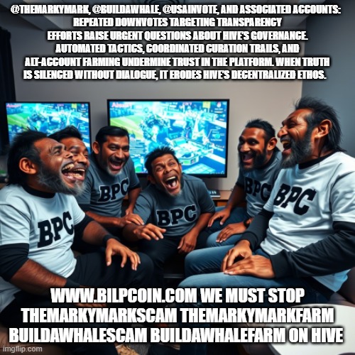 @THEMARKYMARK, @BUILDAWHALE, @USAINVOTE, AND ASSOCIATED ACCOUNTS:  
REPEATED DOWNVOTES TARGETING TRANSPARENCY EFFORTS RAISE URGENT QUESTIONS ABOUT HIVE’S GOVERNANCE. AUTOMATED TACTICS, COORDINATED CURATION TRAILS, AND ALT-ACCOUNT FARMING UNDERMINE TRUST IN THE PLATFORM. WHEN TRUTH IS SILENCED WITHOUT DIALOGUE, IT ERODES HIVE’S DECENTRALIZED ETHOS. WWW.BILPCOIN.COM WE MUST STOP THEMARKYMARKSCAM THEMARKYMARKFARM BUILDAWHALESCAM BUILDAWHALEFARM ON HIVE | made w/ Imgflip meme maker