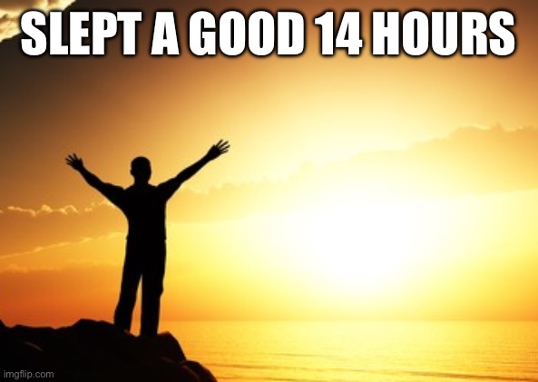 Praising sun | SLEPT A GOOD 14 HOURS | image tagged in praising sun | made w/ Imgflip meme maker