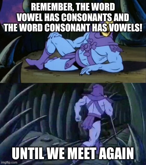 NOOOO | REMEMBER, THE WORD VOWEL HAS CONSONANTS AND THE WORD CONSONANT HAS VOWELS! UNTIL WE MEET AGAIN | image tagged in skeletor disturbing facts | made w/ Imgflip meme maker